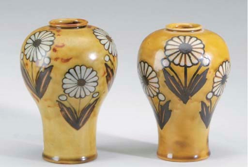 A PAIR OF ROYAL DOULTON STONEWARE VASES,