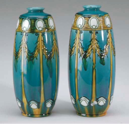 A PAIR OF MINTON MAJOLICA OVOID VASES,