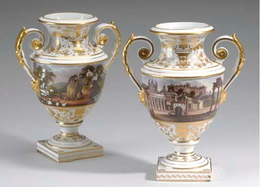 A PAIR OF DERBY PORCELAIN TWO-HANDLED SCENIC VASES,
