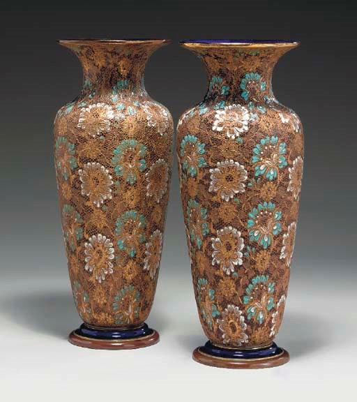A PAIR OF DOULTON LAMBETH SLATER'S PATENT BLUE-GROUND METALLIC VASES