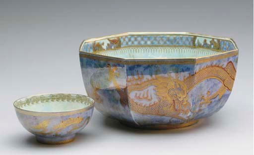 A WEDGWOOD 'DRAGON' MIXED-BLUE LUSTRE RICE BOWL AND LARGE HEXAGONAL BOWL,