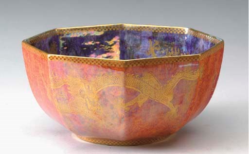 A WEDGWOOD 'CELESTIAL DRAGON' ORANGE LUSTRE OCTAGONAL BOWL,