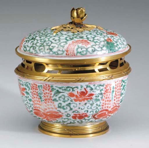 A GILT-BRONZE MOUNTED CHINESE RED AND GREEN-ENAMELED BOWL AND COVER,