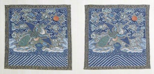 A GROUP OF FOUR CHINESE SILK OR GOLD EMBROIDERED RANK BADGES,