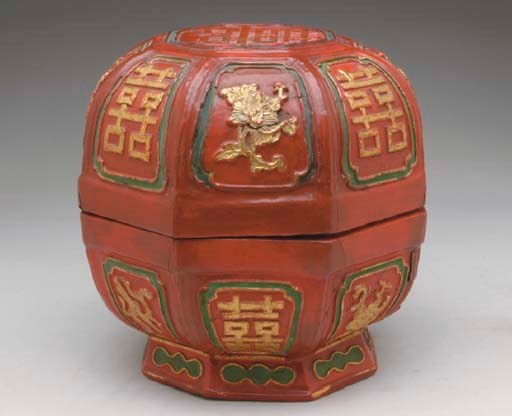 A CHINESE GILT-DECORATED RED LACQUER BOX AND COVER,