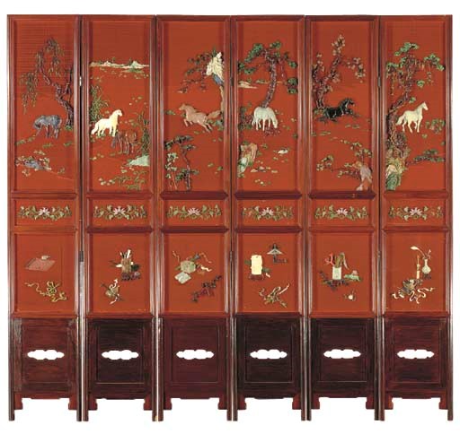 A CHINESE HARDSTONE AND IVORY MOUNTED CINNABAR LACQUER SIX-PANEL SCREEN**,