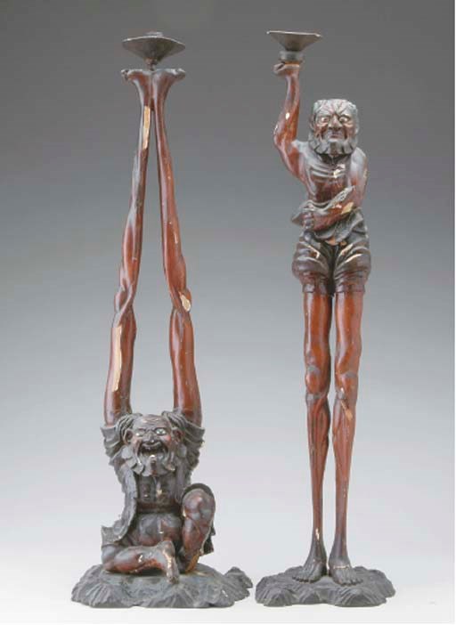 A PAIR OF JAPANESE LACQUERED WOOD FIGURAL CANDLESTICKS,