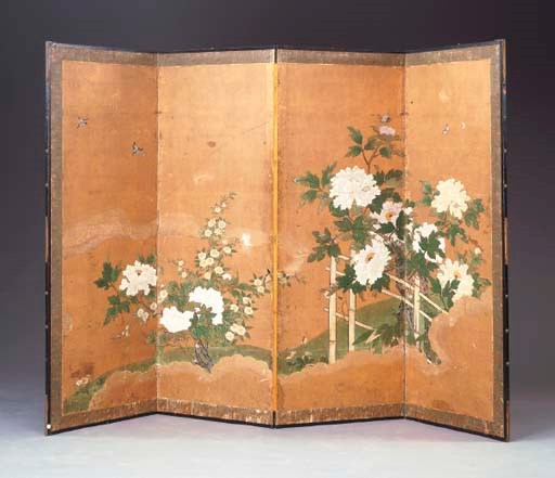 A JAPANESE FOUR-PANEL SCREEN OF PEONIES ON A TRELLIS,