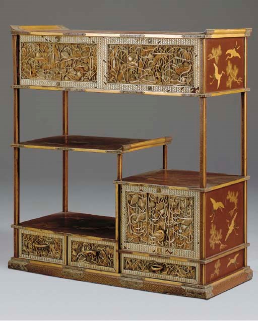 A LACQUER AND IVORY SHIBAYAMA-STYLE BOOKSHELF (SHODANA)**,