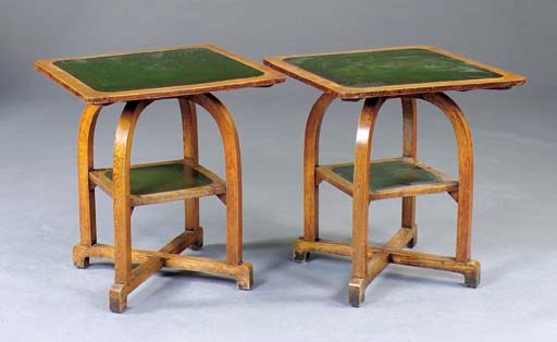 A PAIR OF ENGLISH ARTS AND CRAFTS LEATHER-INSET OAK SIDE TABLES,