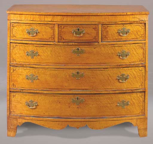 A GEORGE III MAPLE AND BURR MAPLE INLAID BOW FRONTED CHEST OF DRAWERS,