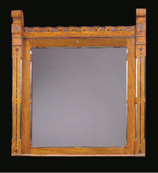 AN ENGLISH WALNUT AND EBONY INLAID MIRROR,