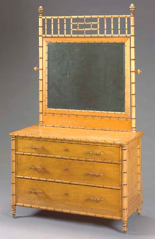 A VICTORIAN BIRCH AND FAUX BAMBOO CHEST-OF-DRAWERS WITH SWING MIRROR,