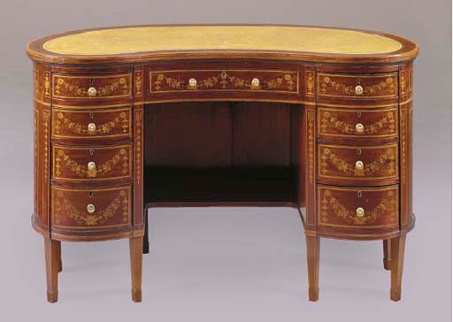 AN EDWARDIAN MARQUETRY INLAID MAHOGANY KIDNEY-SHAPED DESK,