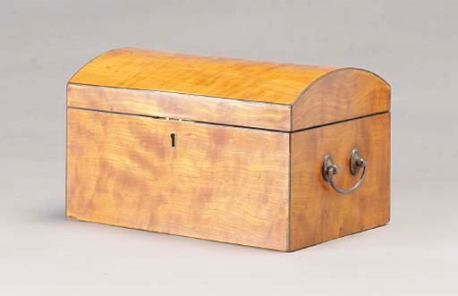 A GEORGE III SATINWOOD AND LINE INLAID TEA CADDY,