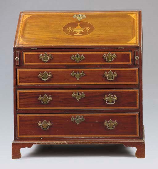 A GEORGE III MAHOGANY INLAID FALL-FRONT BUREAU,