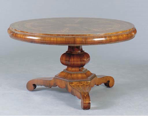 A WILLIAM IV STYLE WALNUT AND SATINWOOD INLAID CENTRE TABLE,