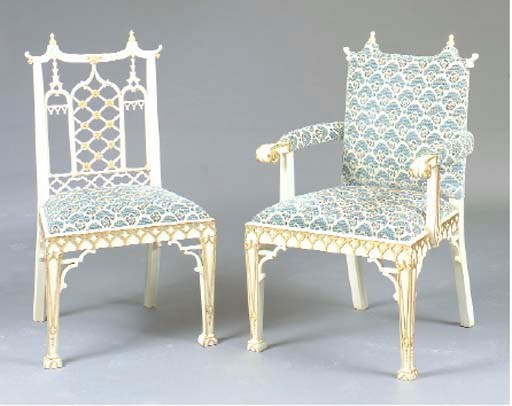 A SET OF WHITE-PAINTED PARCEL-GILT GEORGE II STYLE DINING CHAIRS,