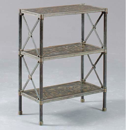 A PAIR NEOCLASSIC STYLE GILT AND PATINATED METAL LACQUER DECORATED THREE-TIER ETAGERES,