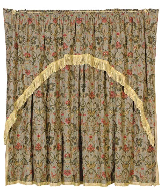 A GROUP OF EMBROIDERED CURTAINS AND BLINDS WITH MATCHING PELMETS,