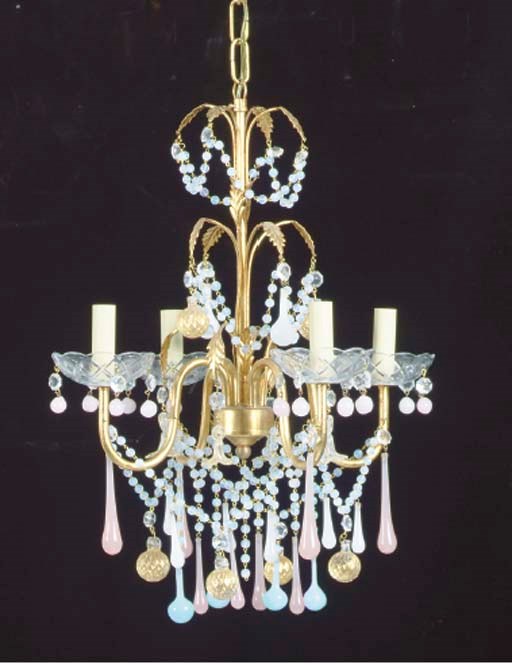 A GILT-METAL AND COLOURED GLASS FOUR-LIGHT CHANDELIER,