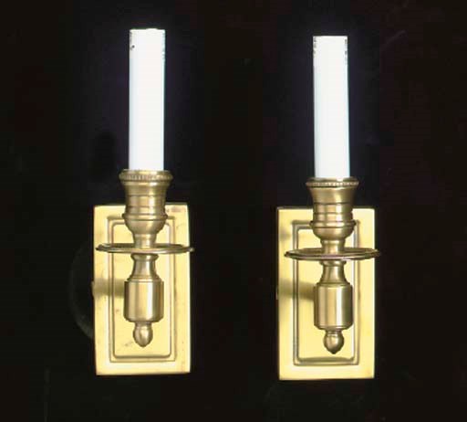 A SET OF SIX BRASS SINGLE BRANCH WALL LIGHTS,