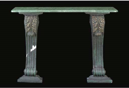 A NEOCLASSICAL STYLE GREEN MARBLE AND PLASTER PAINT-DECORATED CONSOLE,
