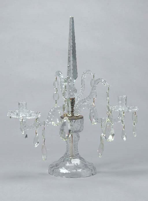 A PAIR OF GEORGE III CUT GLASS TWO-LIGHT CANDELABRA,