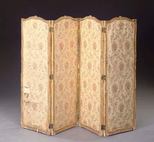 A LOUIS XV CARVED GILTWOOD FOUR PANEL FLOOR SCREEN,