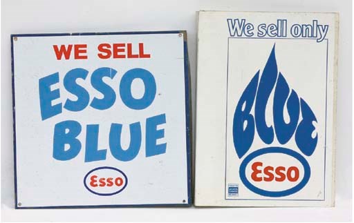 Esso Blue - A good enamel advertising sign; double-sided flange-mount pattern; together with two thers similar in printed aluminium; c.1950s. Largest 18x20ins (46x51cm). 	 (3)
