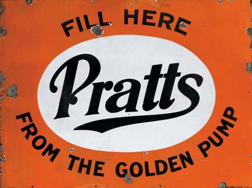 Pratts - Fill Up Here From The Pump - A large enamel advertising sign; rectangular format with Pratts logo motif in orange, white and black livery; c.1930. 36x48ins.