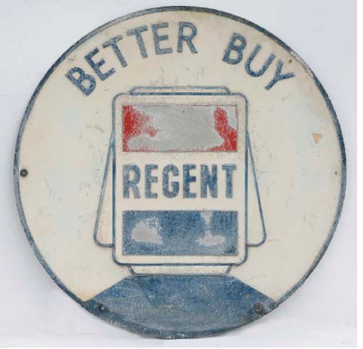 Regent - A large pre-war forecourt advertising sign; depicting petrol-pump globe motif; embossed relief design, circular format; some fading and wear; c.1930s-1940s. 36in (91cm) diameter.