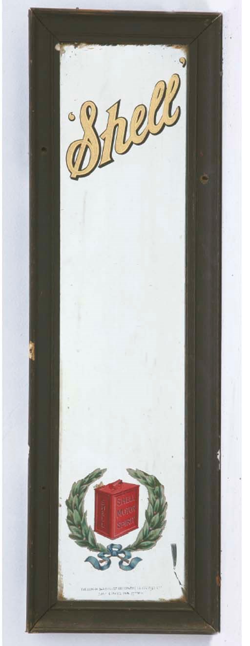 Shell - An early pre-war small advertising mirror; vertical format with decorative two-gallon can and Shell script motif designs; in original oak-frame surround; some age and wear; c.1920.