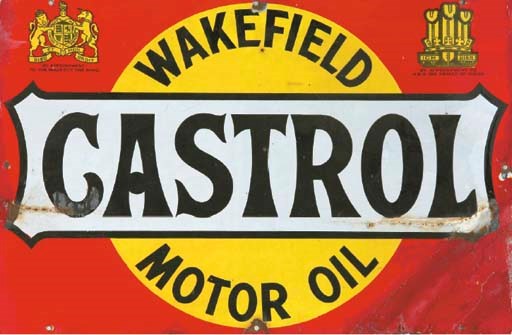 Wakefield Castrol - An early pre-war enamel advertising sign; red, yellow and black on white ground; shows some damage and age-wear; c.1920. 20x30ins (51x76cm).