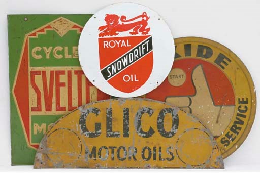 Exide - A pre-war tinplate advertising sign; circular format; together with Dagenite, two hanging signs; Svelte Motos, double-sided embossed tinplate; Regent Supreme 5-Star Petrol and Royal Snowdrift Oil, both small circular format, and another; c.1930s-1950s. 	 (7)