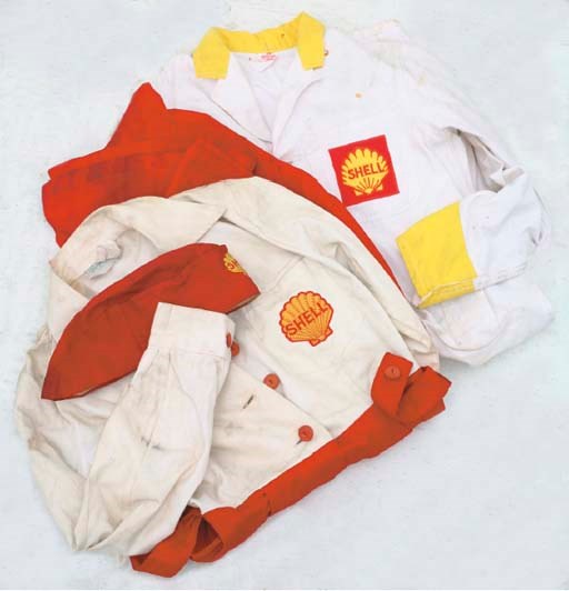 Shell - Forecourt attendants' uniforms; two sets coloured livery petrol-pump attendants' uniforms of 1960s period, with Shell logo motifs; former museum display exhibits. 	 (2)