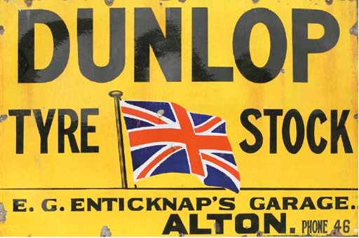 Dunlop - A good and large enamel advertising sign; decorative design featuring union-jack logo motif and with underwritten inscription ‘Enticknap’s Garage - Alton - Hants’; rectangular format, good original condition; c.1920s. 40x60ins (102x122cm).