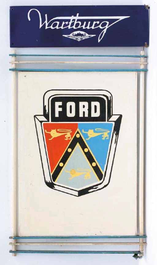 A group of garage and showroom display signs including DAF Service, Ford, FIAT, Reliant, Rover and Wartburg; 1960s-1980s. 	 (6)