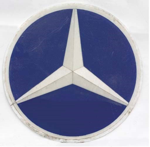 Mercedes-Benz - A pair of very large forecourt illuminated display signs; blue-painted, double-sided circular drum-type format; having steel frames with embossed Perspex panels; internally fitted for electric lighting; c.1960s. 60ins (150cm) diameter. 	 (2)