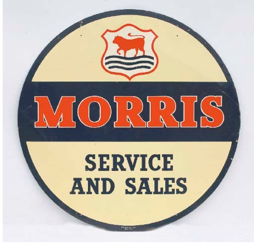 Morris Service & Sales - A large early post-war advertising sign; printed aluminium, circular format; good condition; c.1950s. 36in (91cm) diameter.