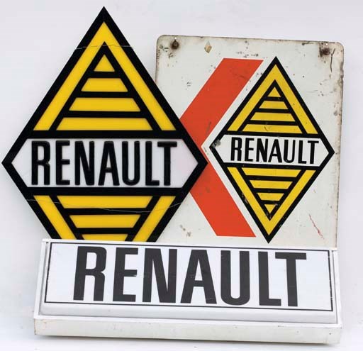Renault - Two early post-war advertising signs featuring the famous inverted diamond logo design; together with an illuminated light-box pattern display sign; c.1960s. 	 (3)