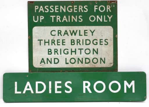 Southern Railway - A group of pre-war enamel station signs; including  'Paddock Wood', 'Ladies Room', 'Gentlemen', 'Passengers for Up Trains', 'No Parking', etc; white lettering on green background. 	 (6)