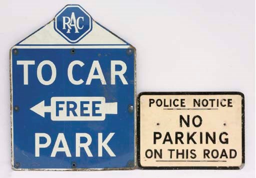 A group of miscellaneous road signs including "RAC “To Free Car Park", enamel; "Police “No Parkng"g” and another for Forde Secondary School. 	 (3)