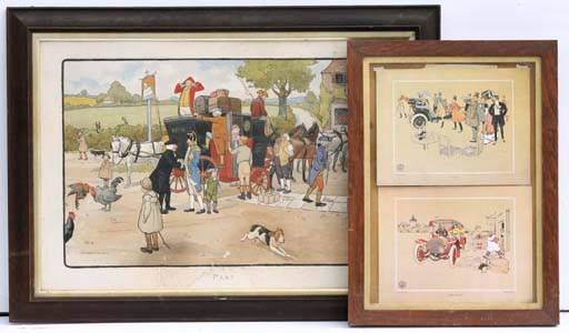 A group of framed original photographs prints and advertisements including Charles Burrell Tractors, Rene Vincent illustrations, Trojan and various others including cycles and velocipedes.