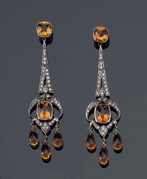 A PAIR OF CITRINE AND DIAMOND EARRINGS