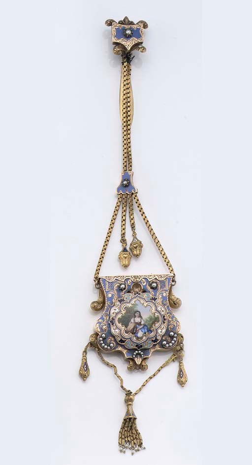 AN ANTIQUE ENAMEL AND HALF PEARL CHATELAINE