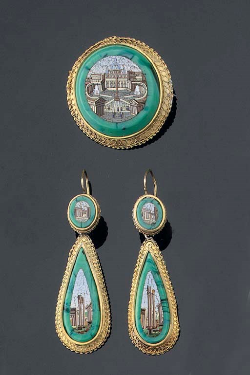 A PAIR OF MICRO MOSAIC EARRINGS AND A BROOCH