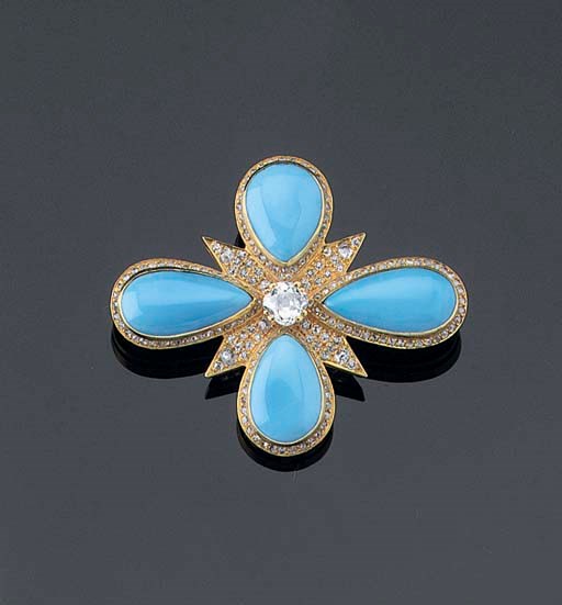 AN ANTIQUE TURQUOISE AND DIAMOND BROOCH