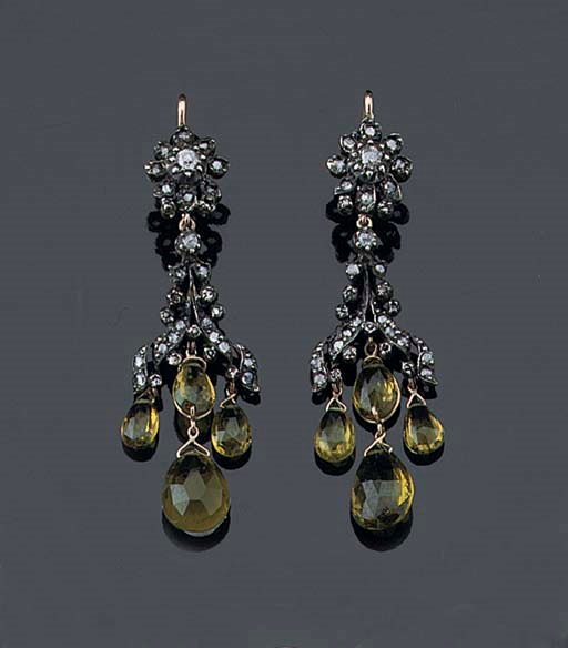 A PAIR OF RUSSIAN PERIDOT AND DIAMOND EARRINGS