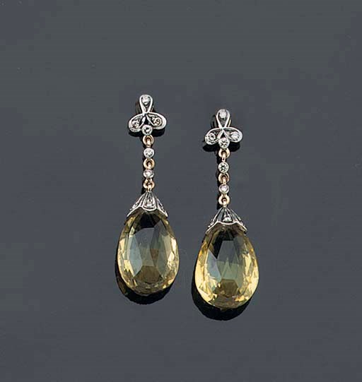A PAIR OF QUARTZ AND DIAMOND EARRINGS
